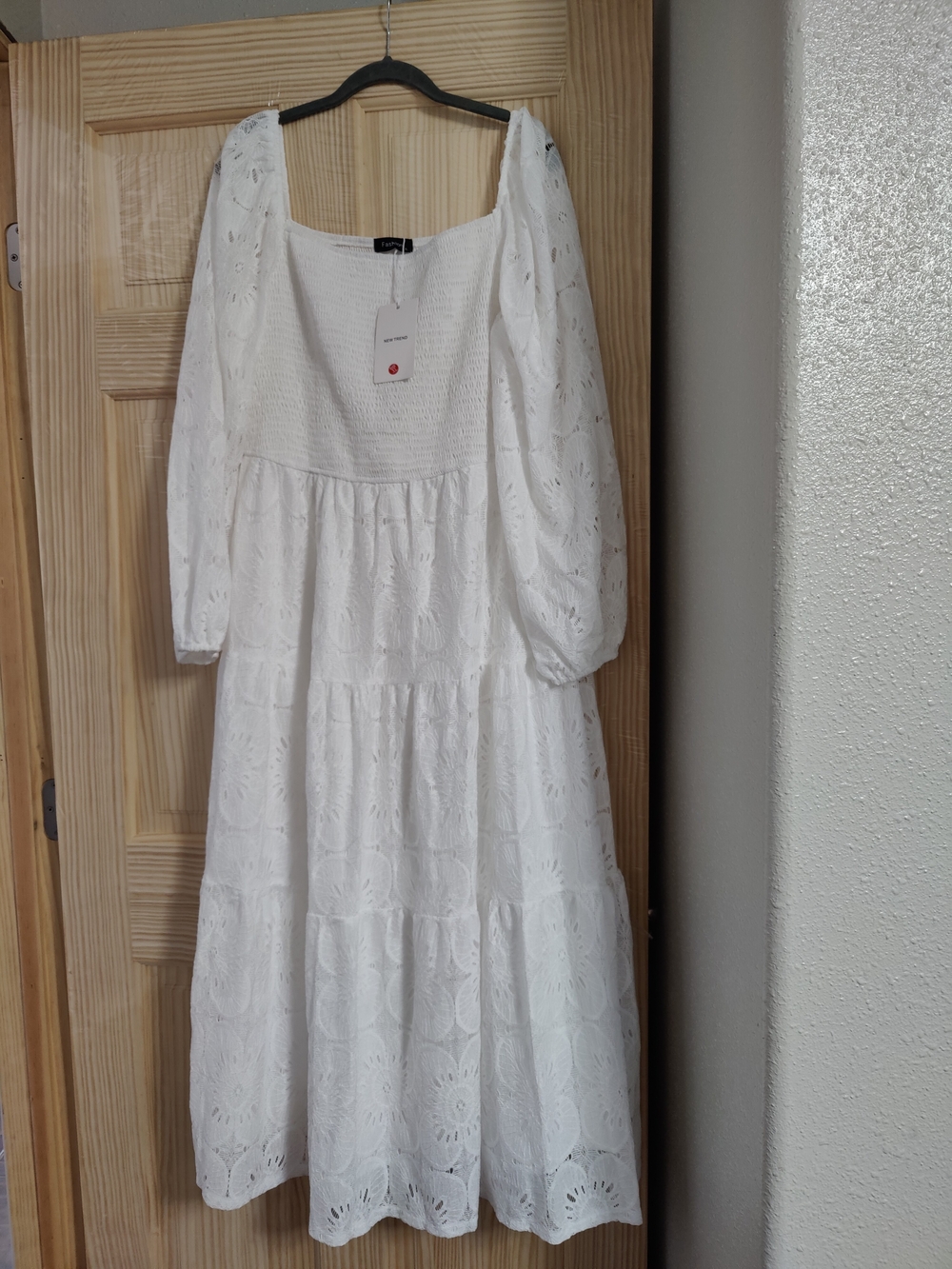 Fashion to Figure White Eyelet Smocked Midi Dress with Puff Sleeves